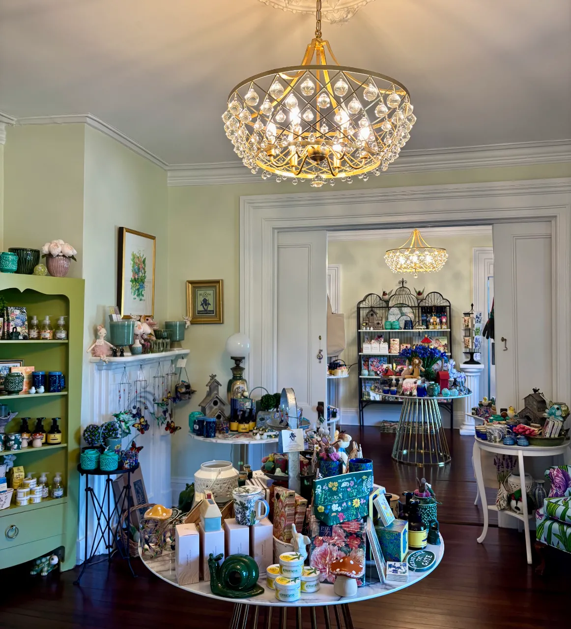 Bloom Room shop with tables and shelve filled with garden themed products